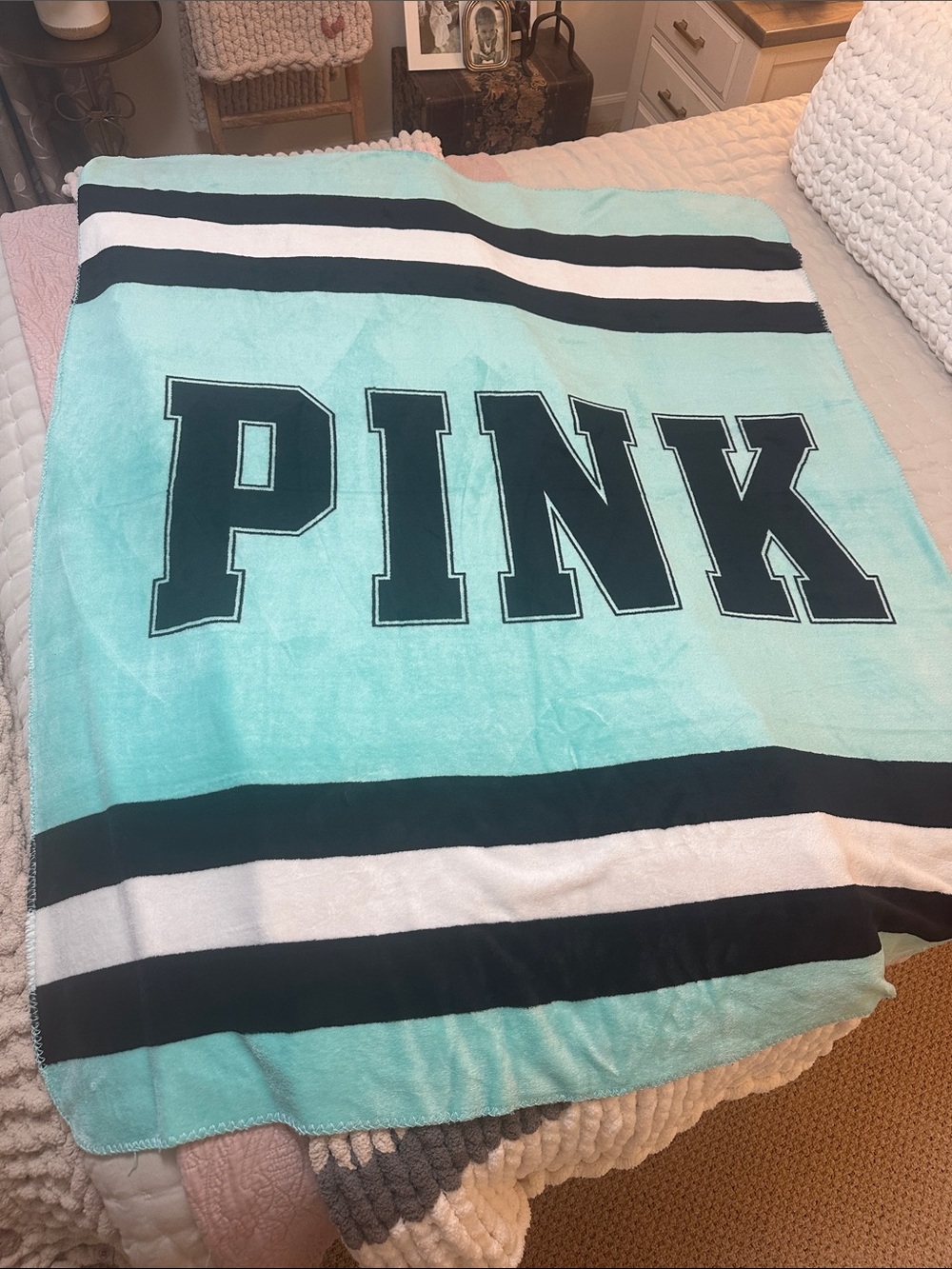 PINK Victoria's Secret Aqua and Black Striped Throw Blanket